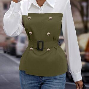 Color Block Double-Breasted Belted Blouse